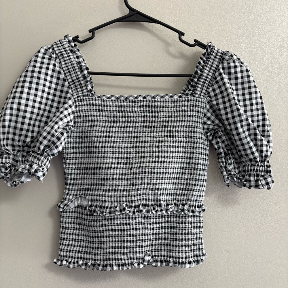 CeCe Black and White Checkered Puff Sleeve Blouse - Picture 3 of 3